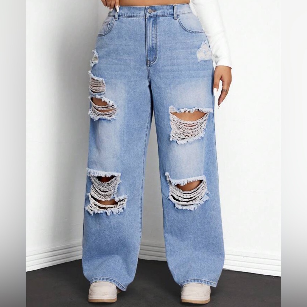 SHEIN Light Blue Distressed Wide Leg Jeans